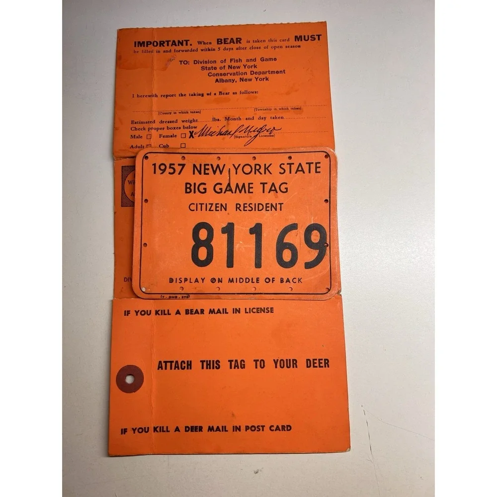 Vintage NYS Big Game Hunting Tags Lot 1956–1962 Deer Bear License Paper Ephemera